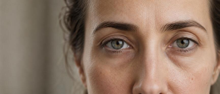 Close-up of a woman with natural under-eye shadows and slight tear trough hollowing.